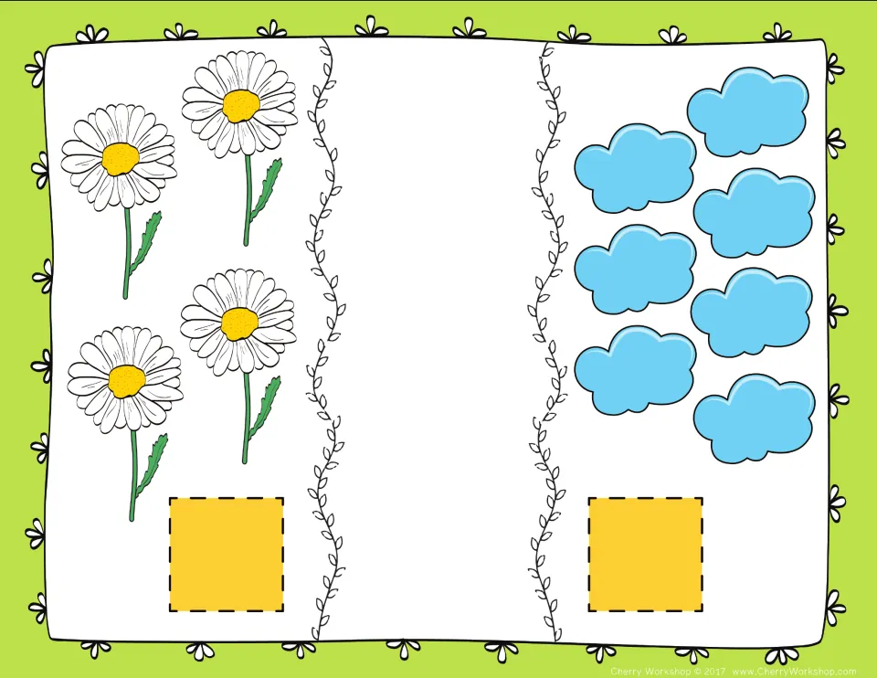 Less than mat: students count 4 white daisies and 7 blue clouds, label each set with a number card and compare