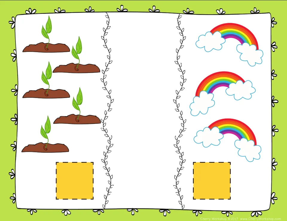 Number comparison mat: students count 5 sprouting seeds and 3 rainbows, then mark which amount is more with a card
