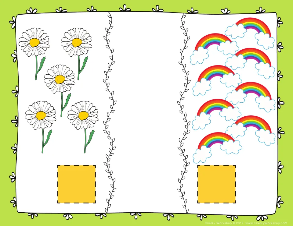 Comparing counts mat: students count 5 daisies and 8 rainbows, put a number card under each and compare the two