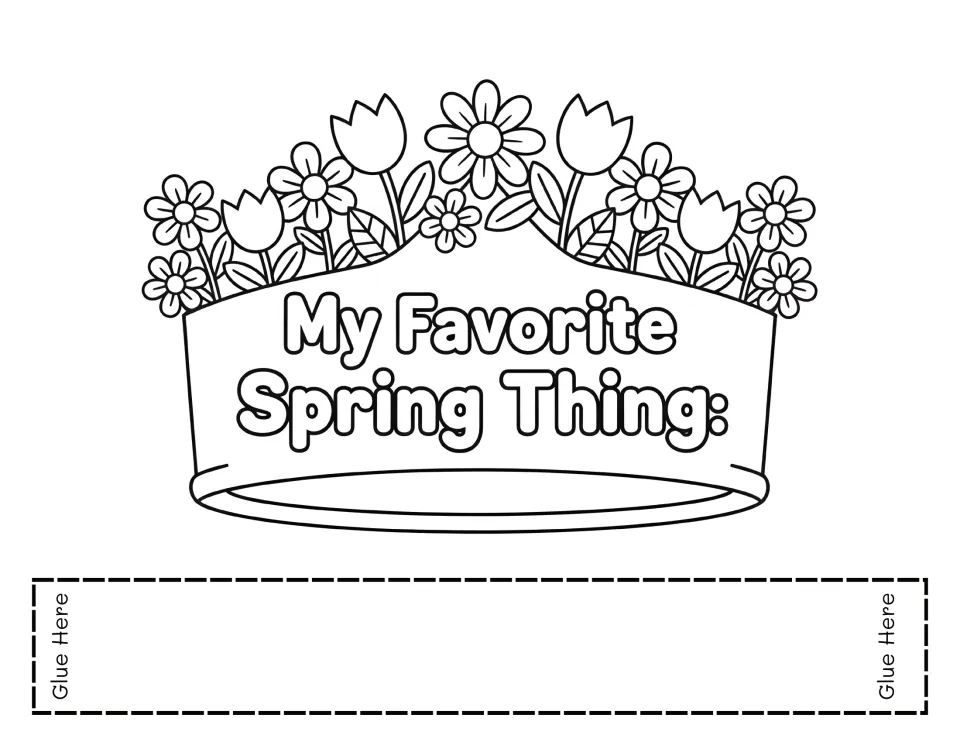 My Favorite Spring Thing crown to color: tulips and daisies top the band, and a glue-here strip joins it into a hat