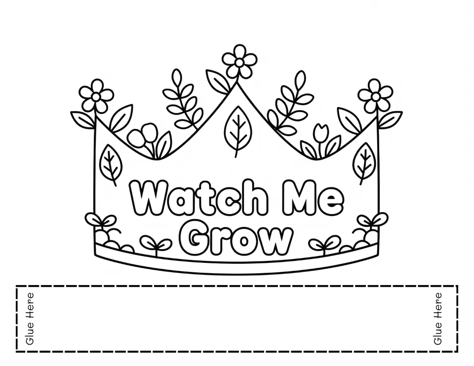 Watch Me Grow crown to color, decorated with leaves, sprouts and small flowers, with a strip marked Glue Here at each end