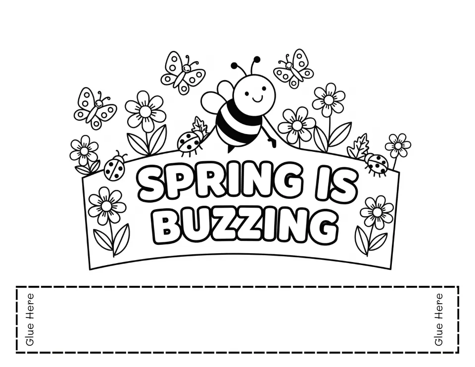 Spring Is Buzzing crown coloring page: a smiling bee, ladybugs, butterflies and flowers, with a glue-on headband strip