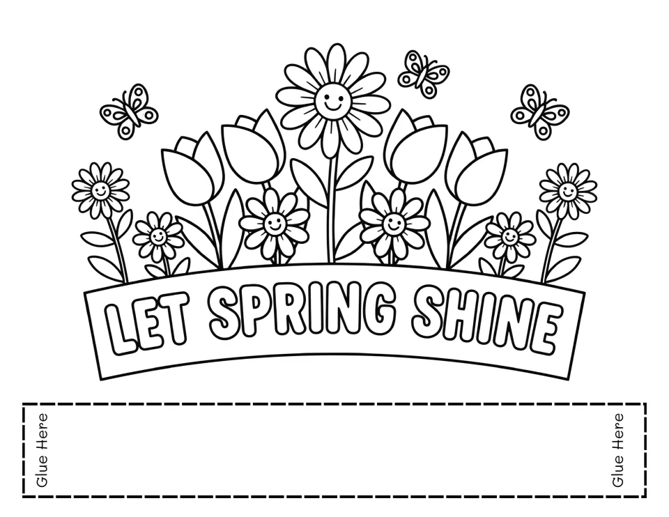 Larger Let Spring Shine crown to color, its banner of tulips and smiling daisies set wider, with a strip to glue into a hat