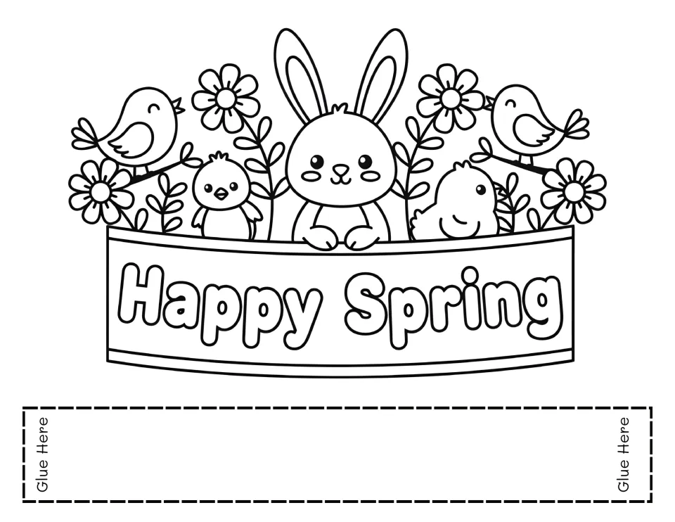 Happy Spring crown to color: a bunny, two chicks and two birds among flowers, with a headband strip marked Glue Here