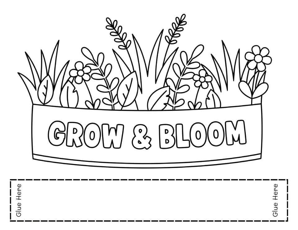 Grow & Bloom crown coloring page topped with grass, leafy stems and a few flowers, plus a strip to glue on as the headband
