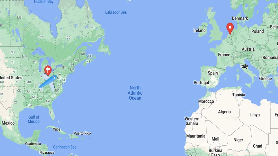 Travel map for the virtual field trip, marking the eastern United States and the Netherlands