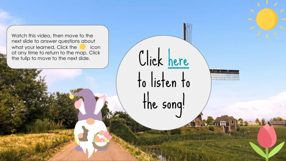 Windmill stop song link with directions to watch, answer questions next, and return to the map using the sun