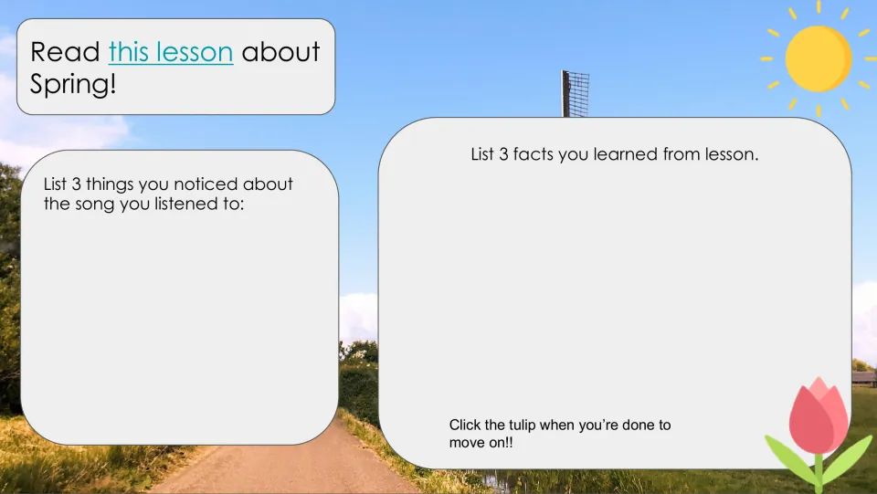 Windmill stop response activity asking for three song observations and three facts from a spring lesson