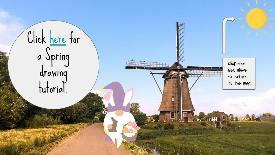 Windmill stop spring drawing tutorial link with directions to use the sun icon to return to the map