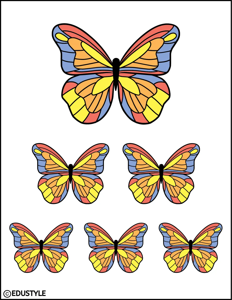 Six matching multicolored butterfly decorations in three sizes for the spring bulletin board and door decor kit