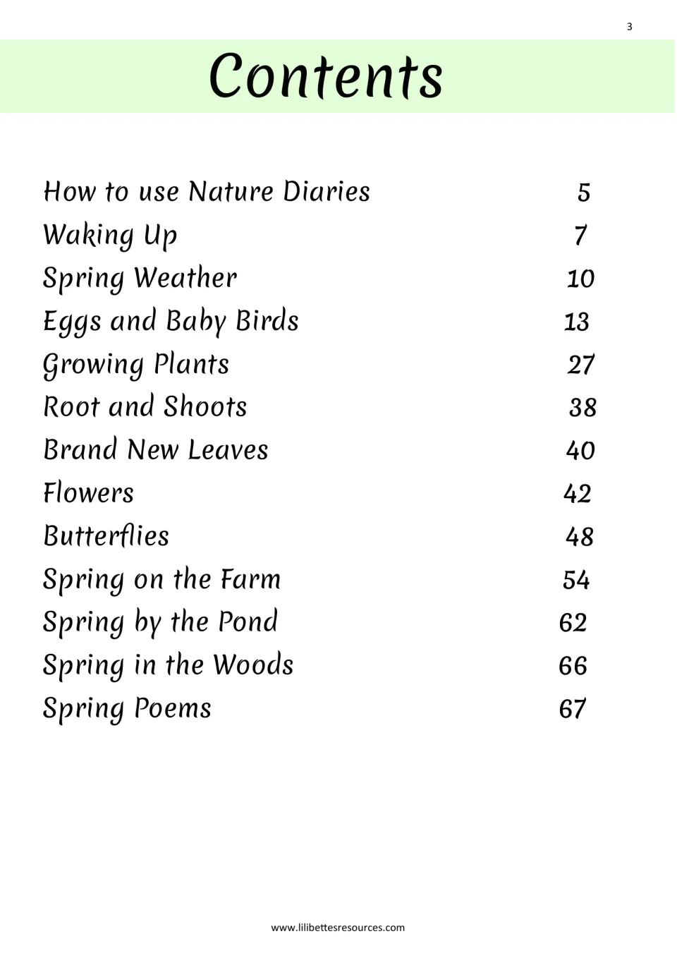 Contents list of spring topics: nature diaries, waking up, weather, baby birds, plants, flowers, butterflies and poems