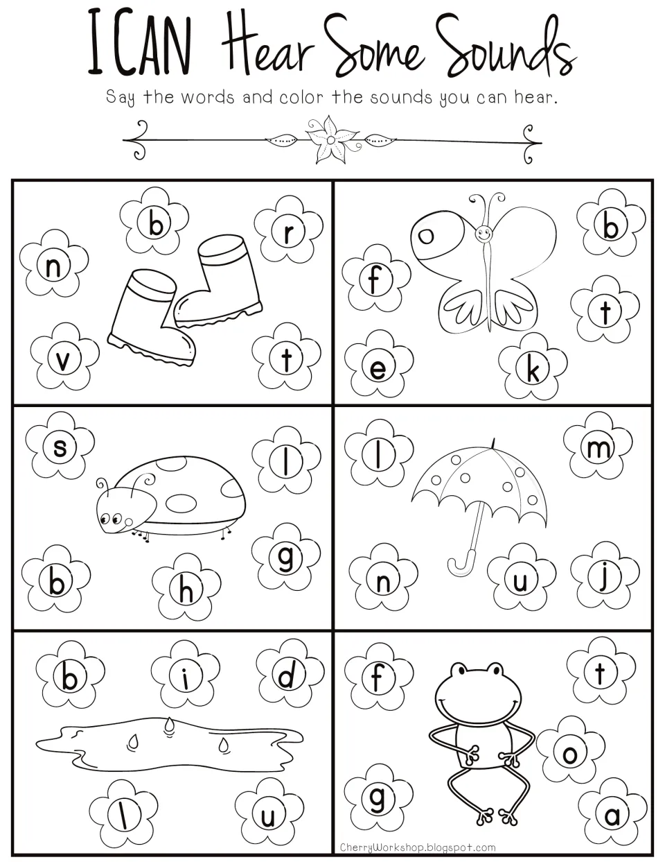 Letter-sound practice: say boots, butterfly, ladybug, umbrella, puddle, and frog; color the letters heard.