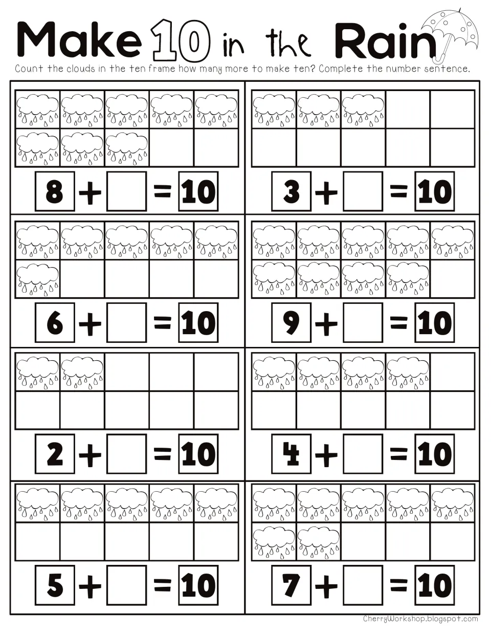 Make 10 in the Rain: students count rain clouds in 8 ten frames and write the missing addend, such as 8 + _ = 10