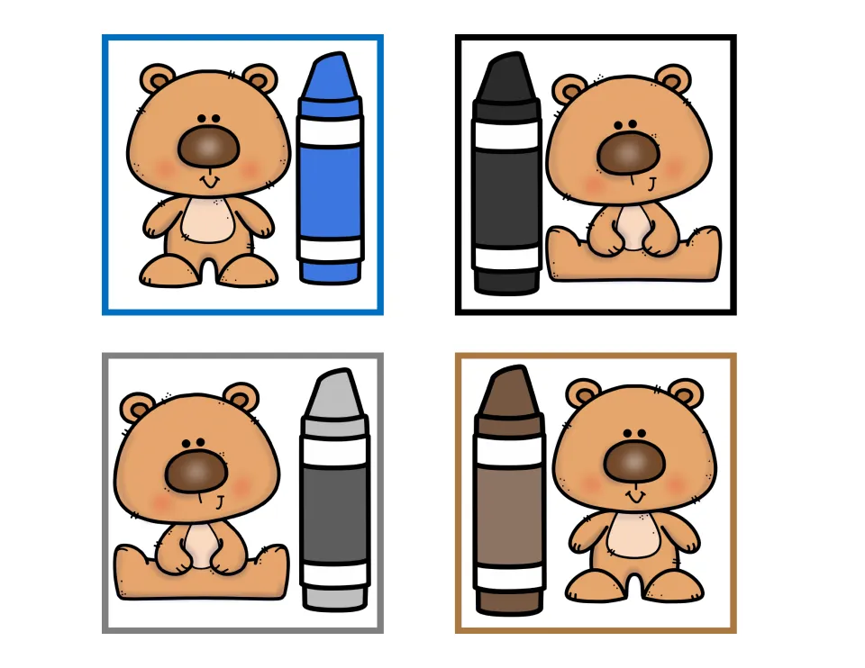 Color matching clip cards: a teddy bear beside a blue, black, gray or brown crayon; children clip the same-color clothespin