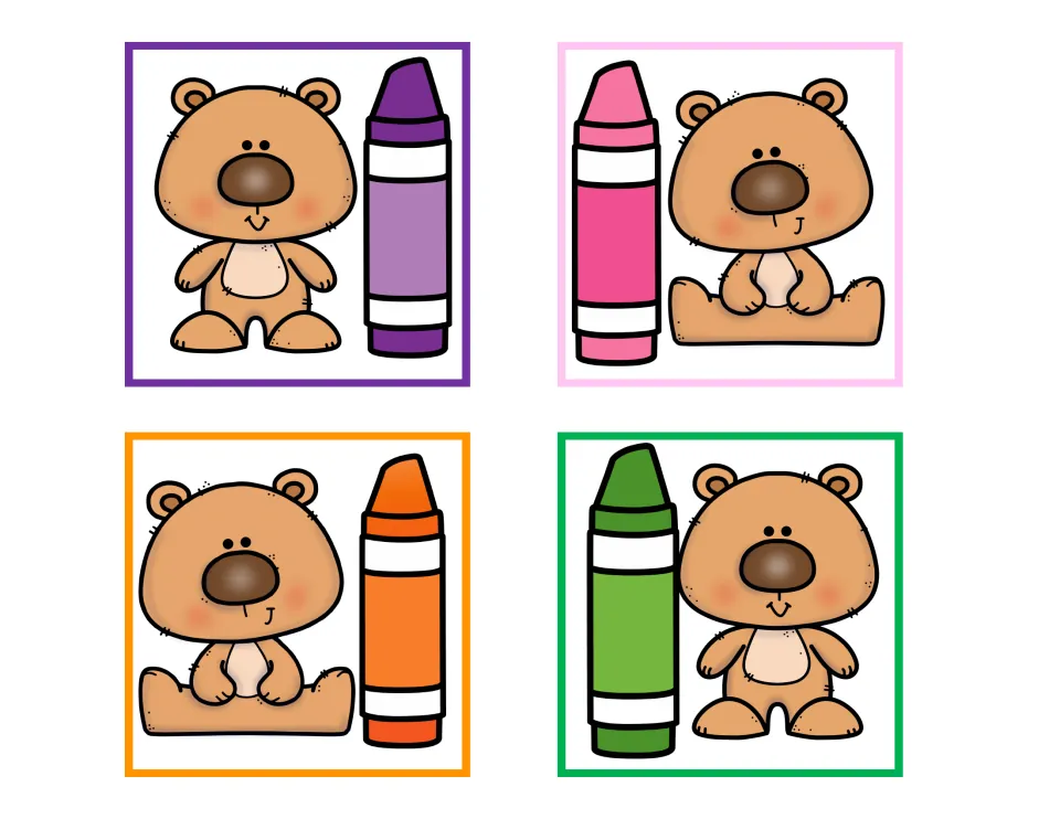 Color matching clip cards with a teddy bear and a purple, pink, orange or green crayon for clipping a matching clothespin