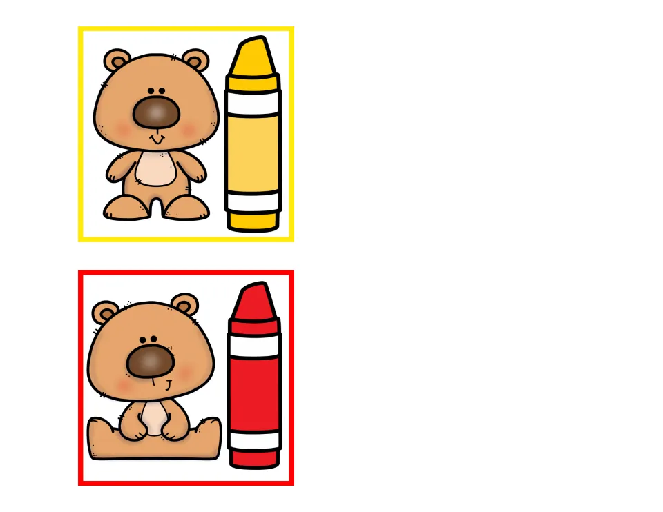 Last two color matching clip cards: a teddy bear with a yellow crayon and a teddy bear with a red crayon for clothespin matching