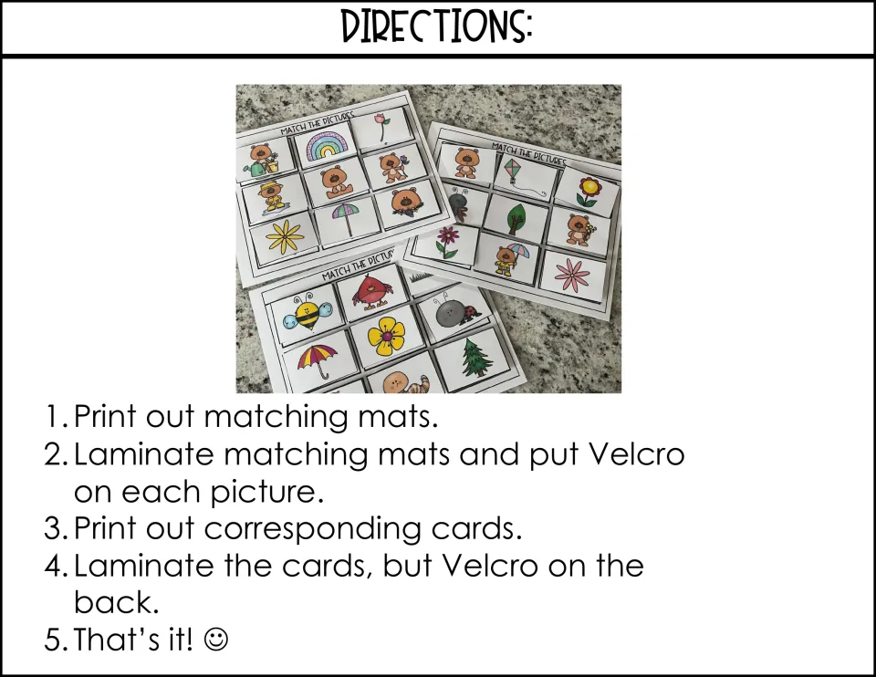 Directions for picture matching mats: print and laminate mats and cards, add Velcro, shown with a photo of finished mats
