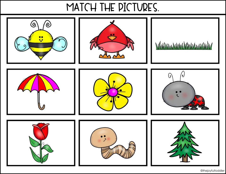 Match the Pictures mat 1: children match spring cards to a bee, bird, grass, umbrella, flower, ladybug, tulip, worm and tree