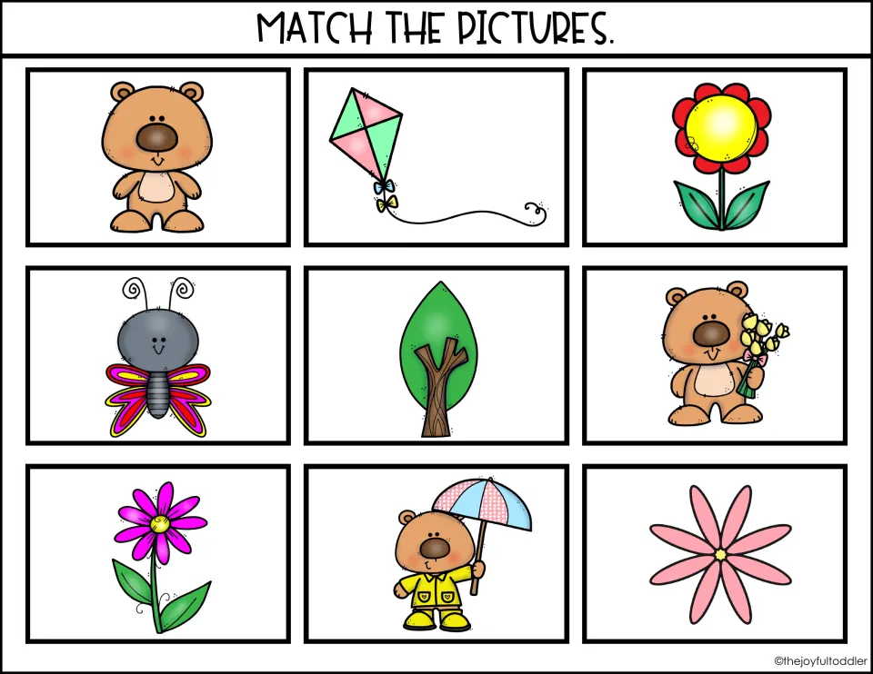 Match the Pictures mat 2: children match cards to a bear, kite, flower, butterfly, tree and bears with flowers or umbrella