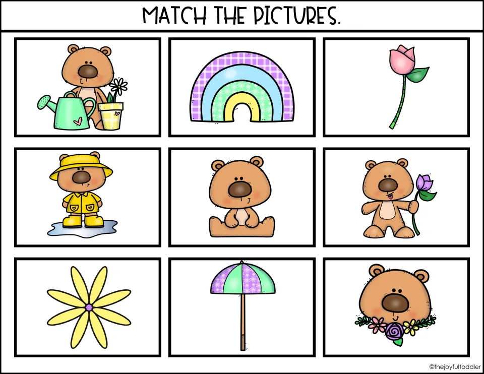 Match the Pictures mat 3: children match bear pictures, a pastel rainbow, pink tulip, daisy and umbrella to the mat