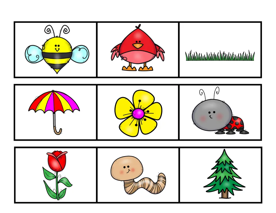 Cut-out matching cards for mat 1: nine spring pictures including a bee, bird, grass, umbrella, ladybug, worm and pine tree