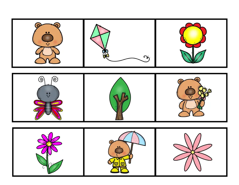 Cut-out matching cards for mat 2: nine pictures including bear, kite, butterfly, tree, bear with umbrella and pink flower
