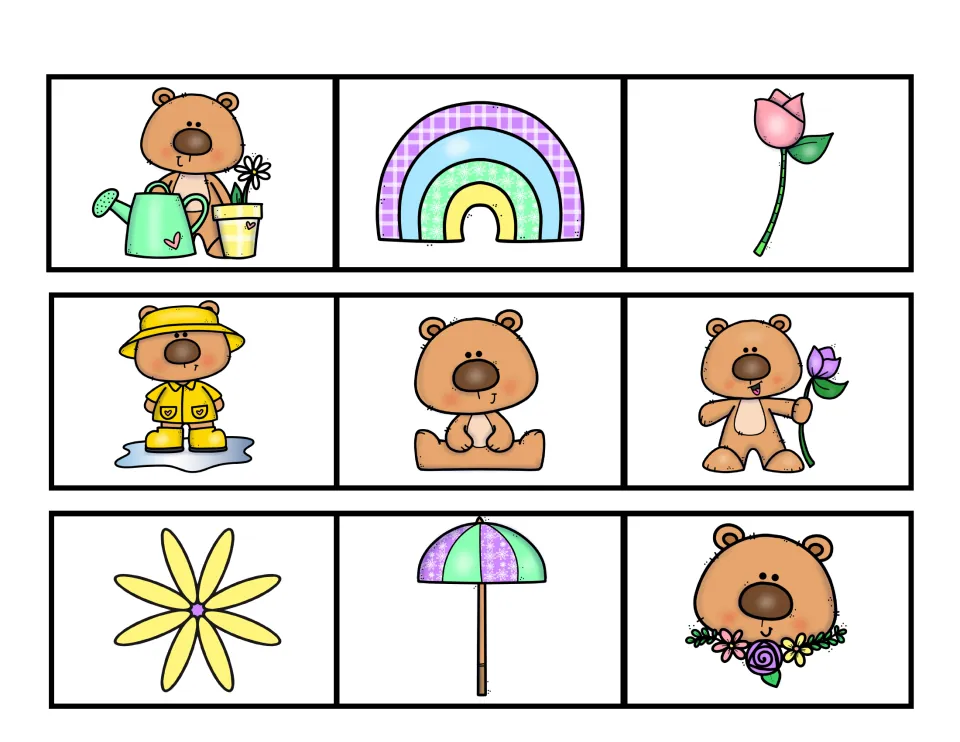 Cut-out matching cards for mat 3: bears with a watering can, raincoat and wreath plus a rainbow, tulip, daisy and umbrella