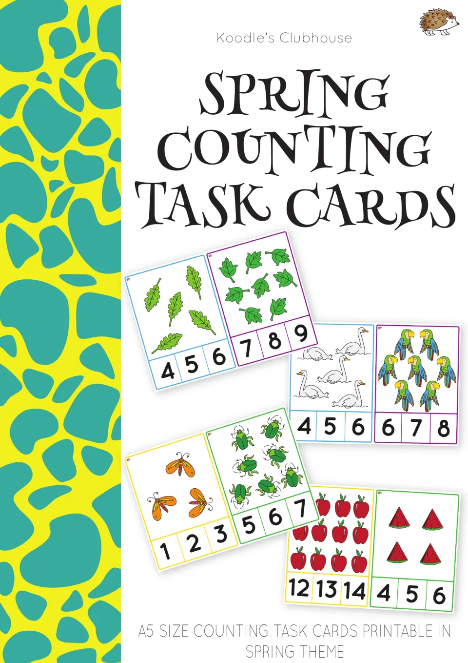 Cover of the spring counting task card set, showing sample cards for counting leaves, birds, bugs, and fruit