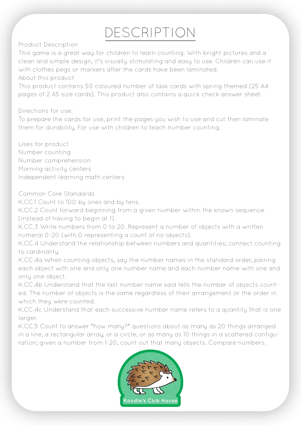 Directions for 50 spring counting cards explain printing, cutting, laminating, and using pegs or markers
