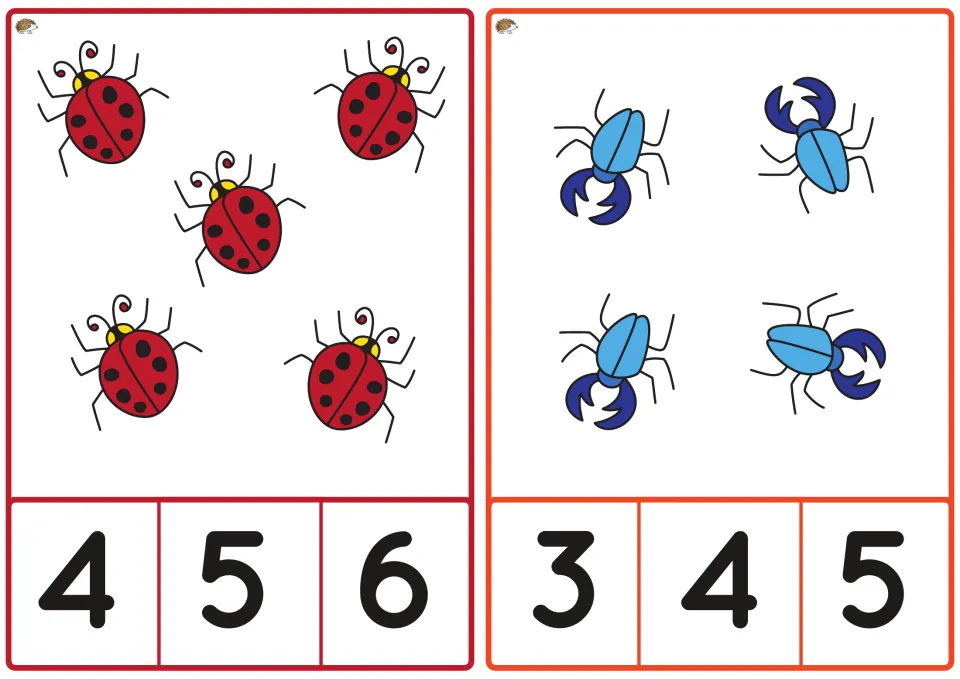 Spring counting cards show five ladybugs with number choices 4, 5, 6 and four blue beetles with choices 3, 4, 5