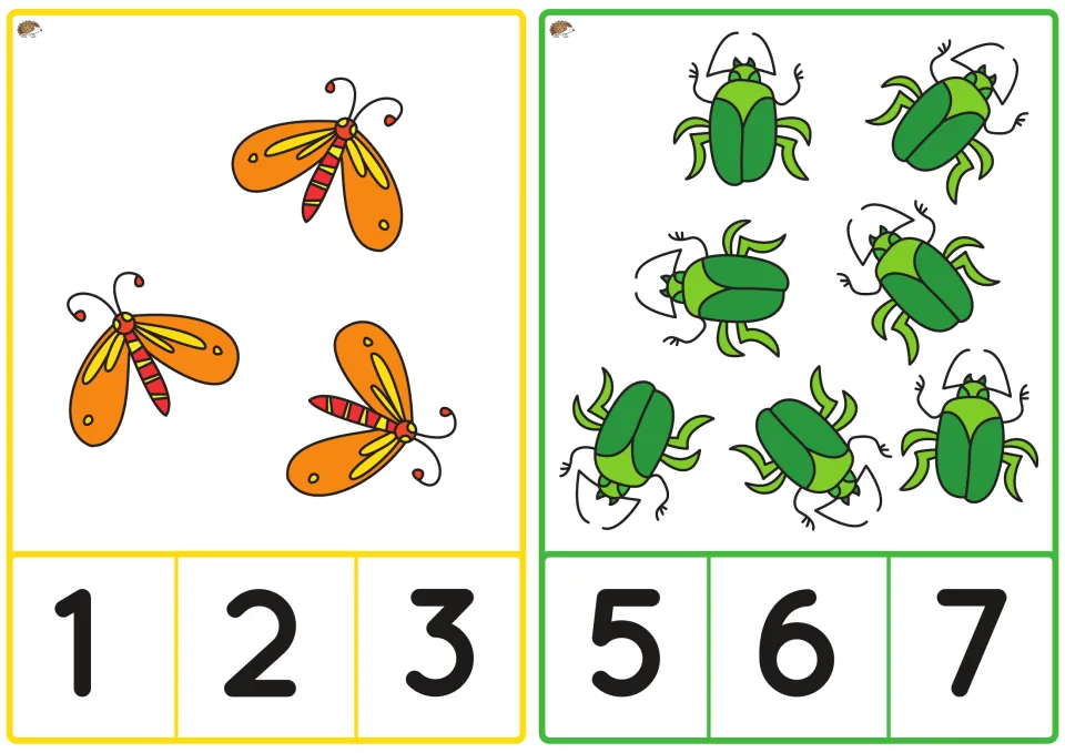 Spring counting cards show three orange insects with choices 1, 2, 3 and seven green beetles with choices 5, 6, 7