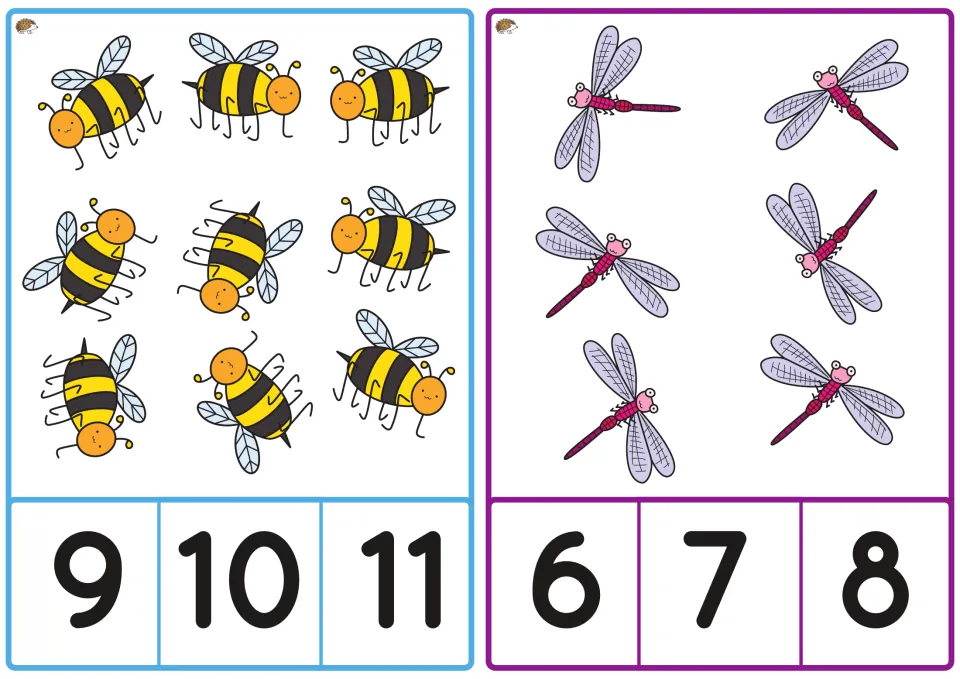 Spring counting cards show nine bees with number choices 9, 10, 11 and six dragonflies with choices 6, 7, 8