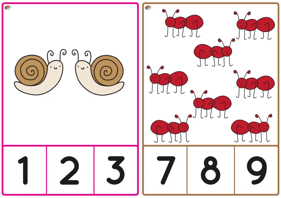 Spring counting cards show two snails with number choices 1, 2, 3 and eight red ants with choices 7, 8, 9