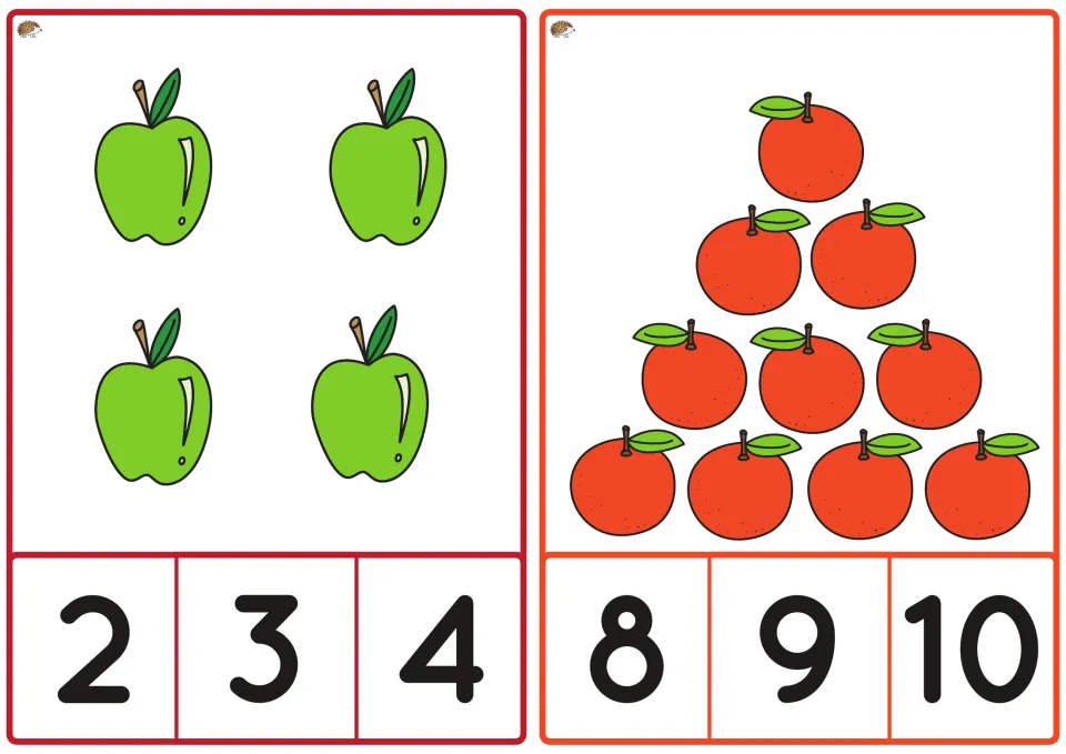 Spring counting cards show four green apples with choices 2, 3, 4 and ten oranges with choices 8, 9, 10