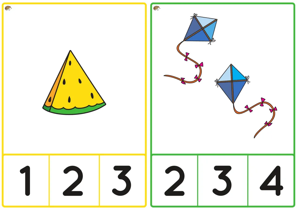 Spring counting cards show one watermelon slice with choices 1, 2, 3 and two blue kites with choices 2, 3, 4