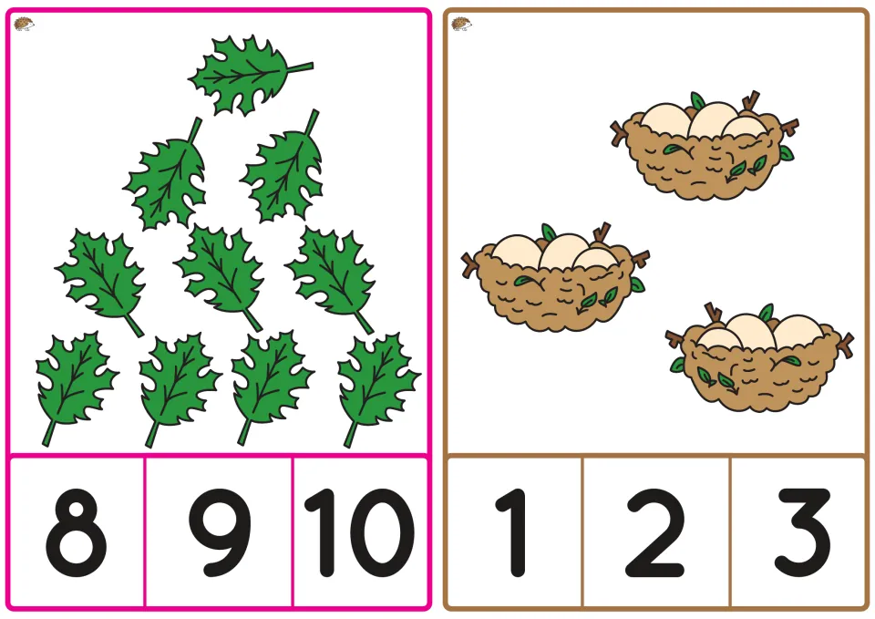 Spring counting cards show ten pointed leaves with choices 8, 9, 10 and three egg-filled nests with choices 1, 2, 3