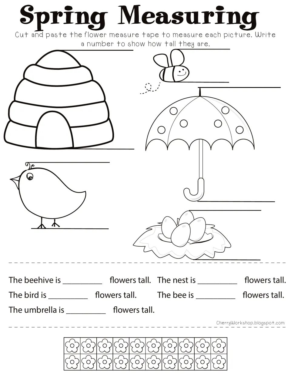 Spring measuring: students paste a flower tape to find how many flowers tall a beehive, bee, umbrella, bird and nest are