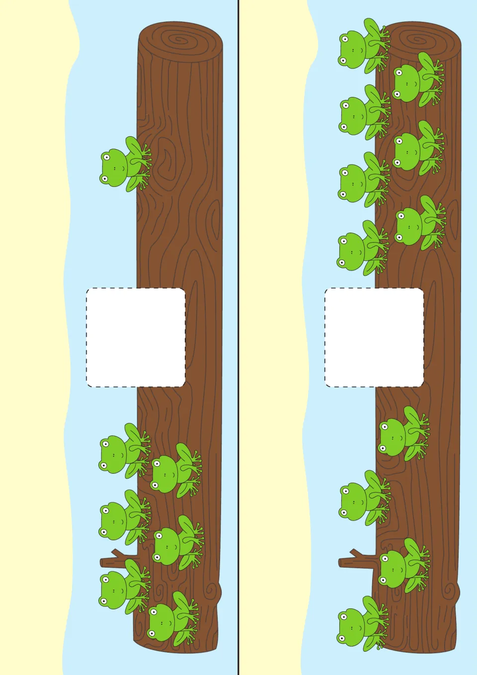 Frog on a log strip cards: compare 1 frog with 6 and 7 frogs with 4 by placing a sign counter in the blank square
