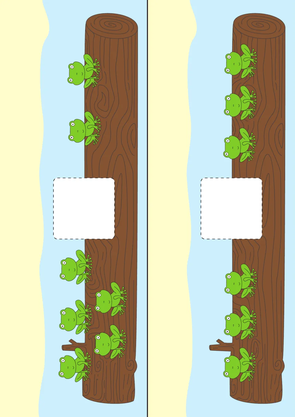Frog strip cards comparing 2 frogs with 5 and 3 frogs with 3, so students choose less than or equal to for each log