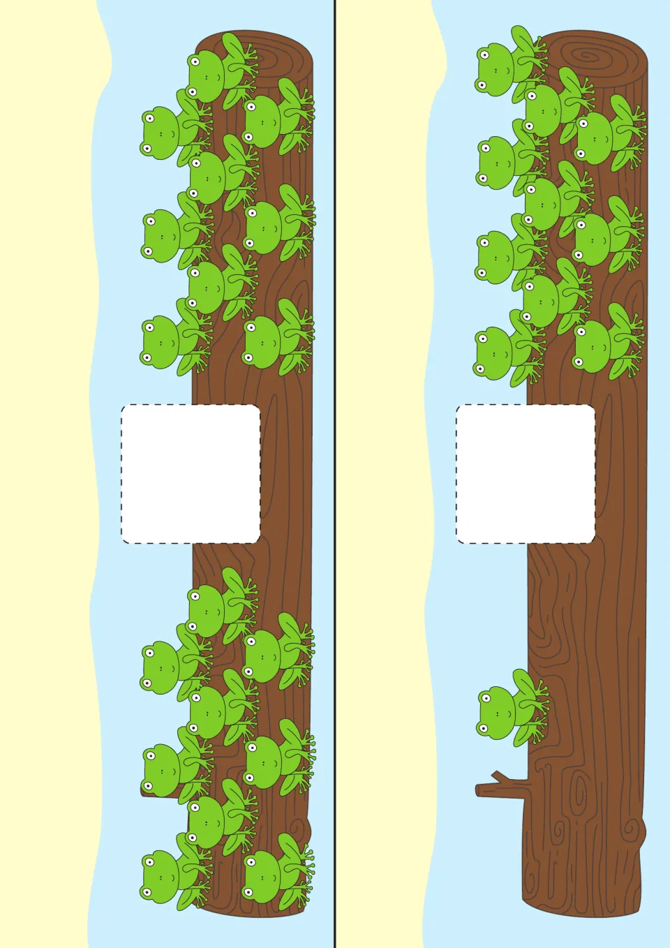 Frog strip cards with larger groups: 9 frogs against 9 and 10 frogs against 1, counted before placing a sign tile