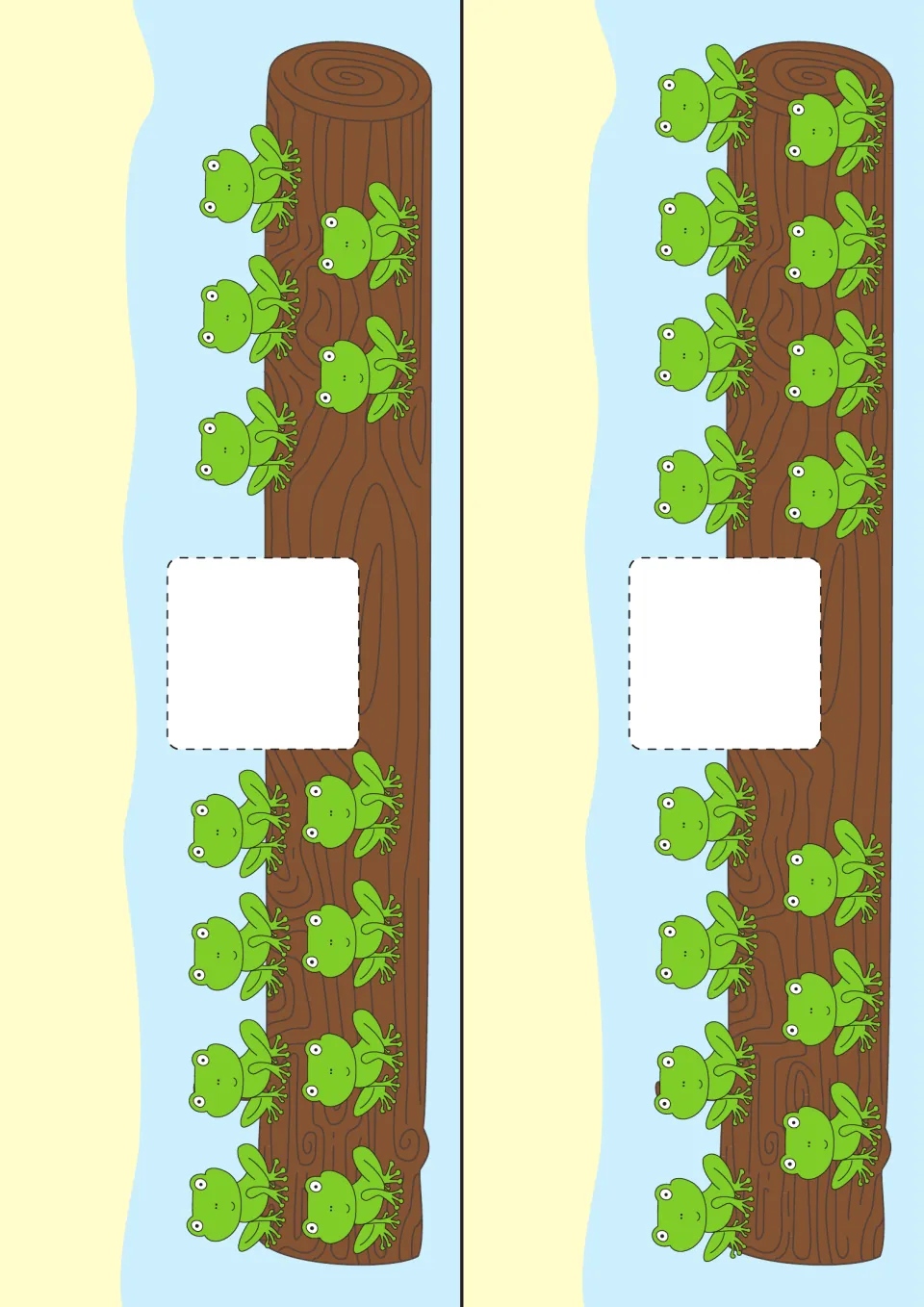 Frog strip cards comparing 5 frogs with 8 and 8 frogs with 7, two close quantities for careful counting and comparing