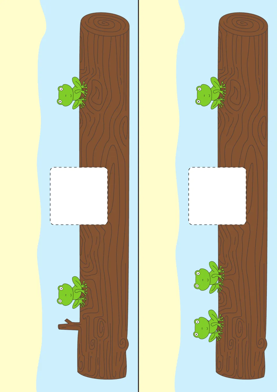 Frog strip cards with small numbers: 1 frog against 1 and 1 frog against 2, for early practice comparing groups