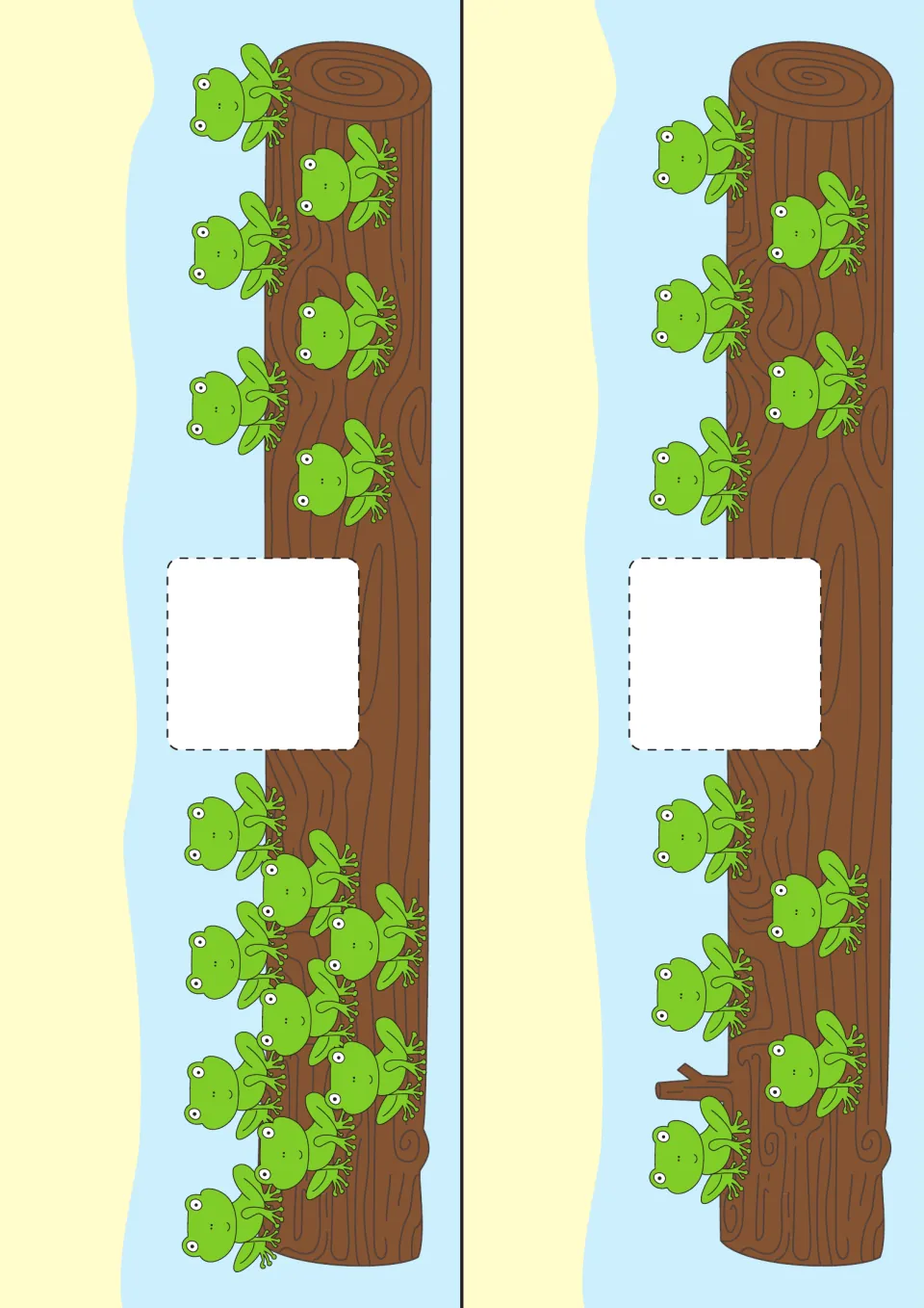 Frog strip cards comparing 6 frogs with 9 and 5 frogs with 5; students count each group and pick the matching sign