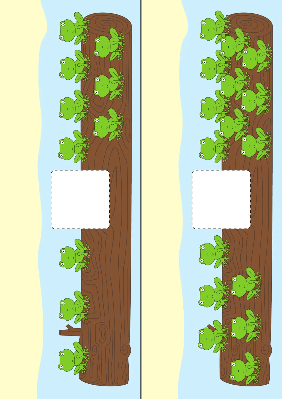 Frog strip cards comparing 7 frogs with 3 and 10 frogs with 6, where the top group is larger and needs the more-than sign