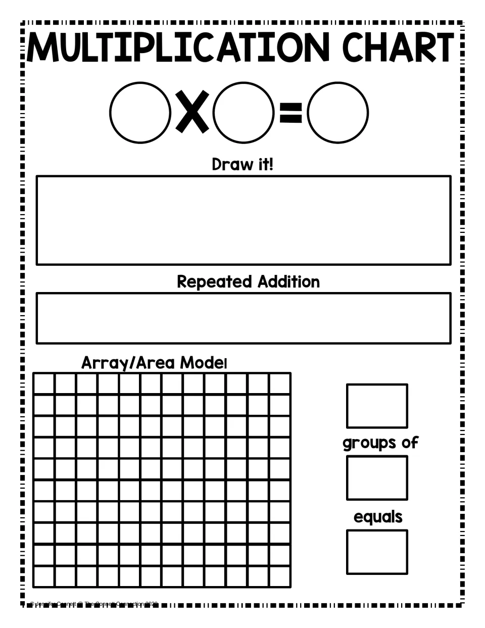 Blank multiplication chart: students write a fact, draw it in groups, show repeated addition and shade an array model