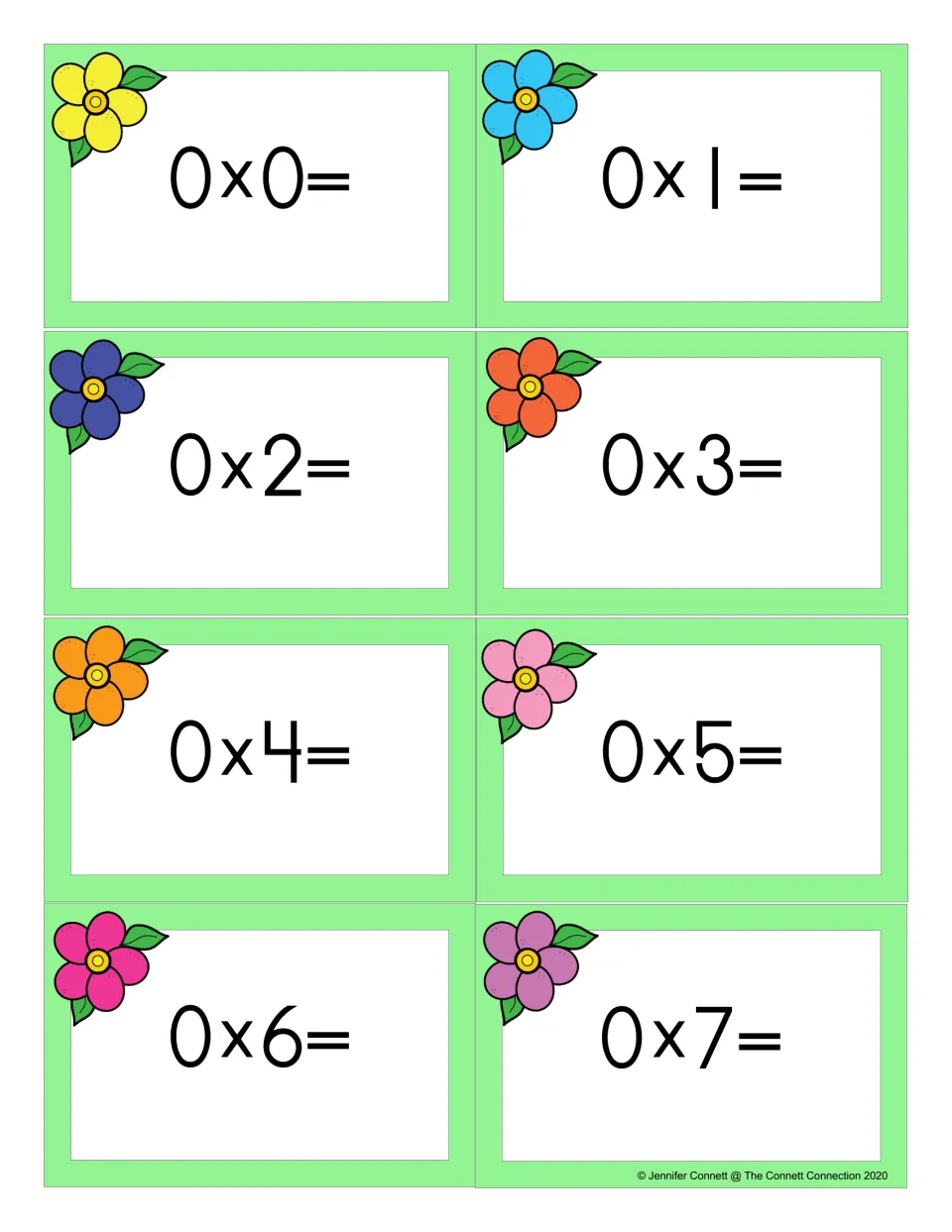 Spring flower flash cards for zero facts: students solve 0 x 0 through 0 x 7, eight multiplication cards to cut apart