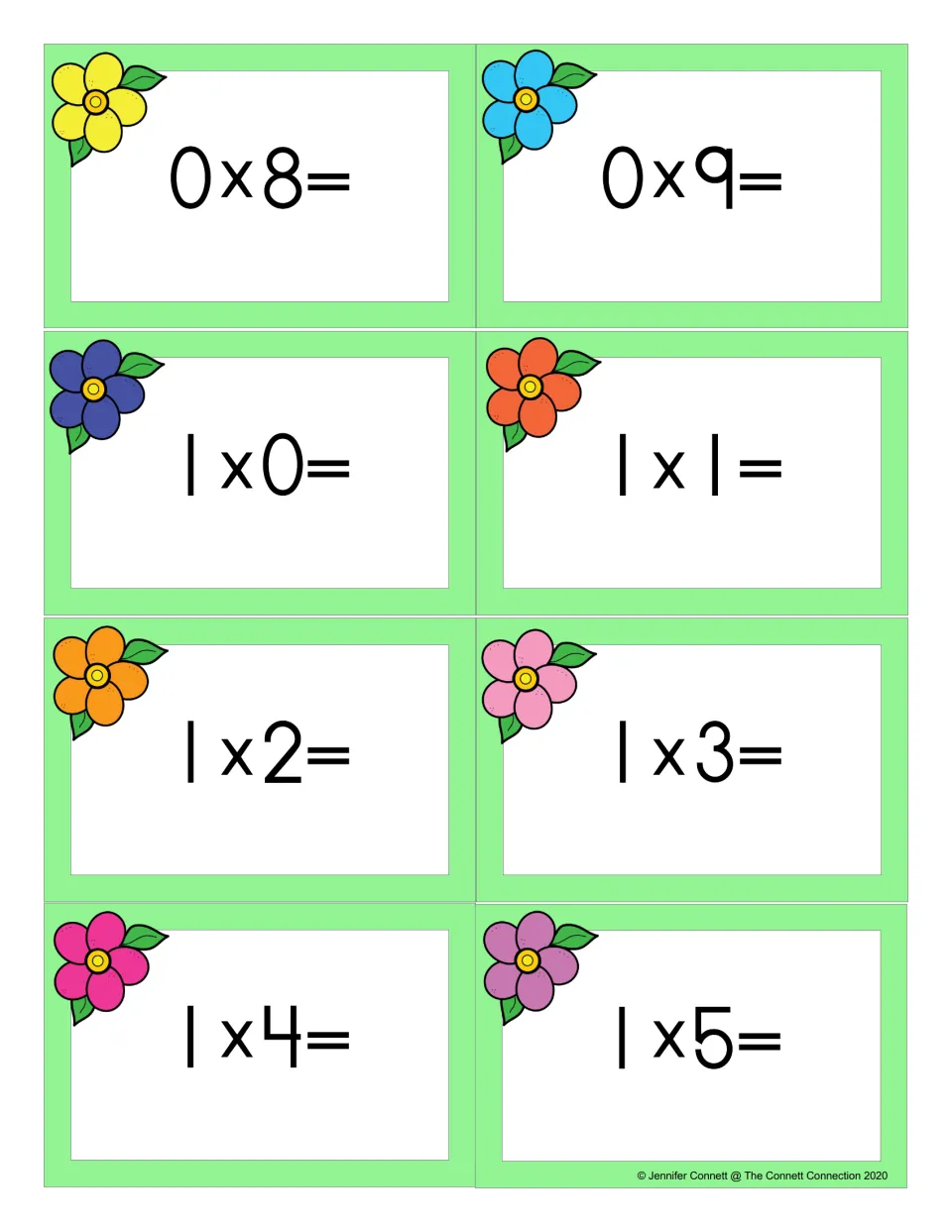 Flower flash cards for multiplication facts 0 x 8, 0 x 9 and 1 x 0 through 1 x 5, eight cards for students to solve