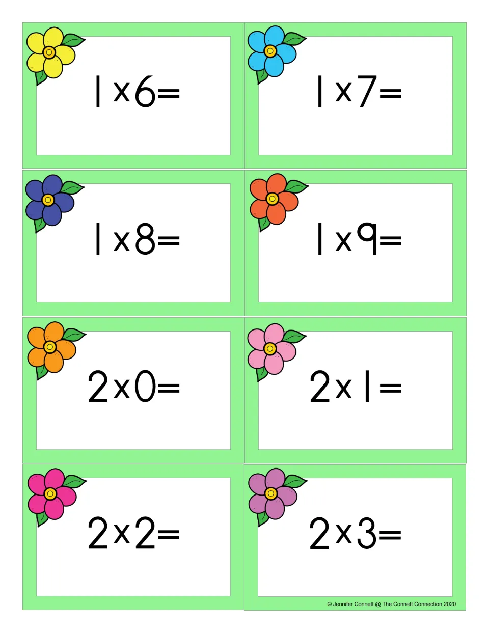 Flower flash cards for multiplication facts 1 x 6 through 1 x 9 and 2 x 0 through 2 x 3, eight cards for students to solve