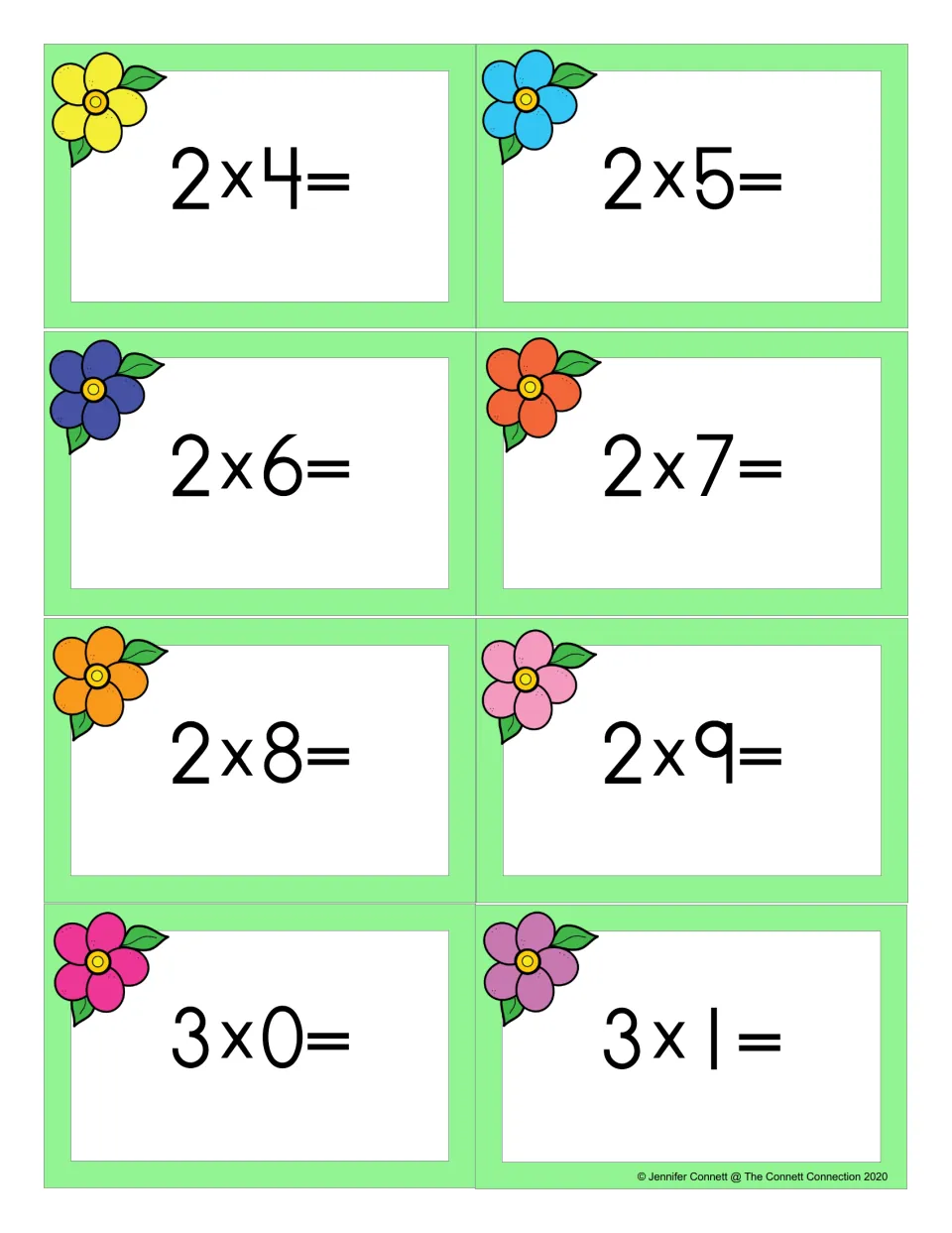 Flower flash cards for multiplication facts 2 x 4 through 2 x 9 plus 3 x 0 and 3 x 1, eight cards for students to answer