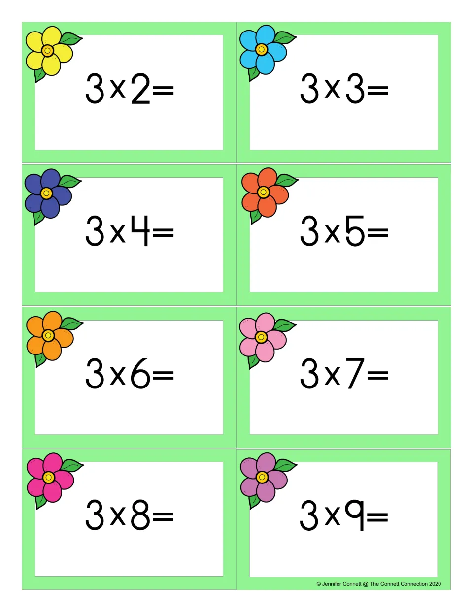 Flower flash cards for the threes: multiplication facts 3 x 2 through 3 x 9, eight cards for students to recall